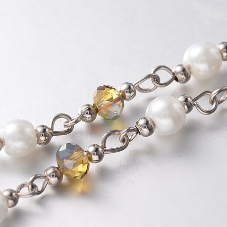 Handmade Faceted Rondelle Glass Beads Chains for Necklaces Bracelets Making, with Glass Pearl Beads, Iron Spacer Beads and Iron Eye Pin, Unwelded, Platinum, Goldenrod, 39.3 inches; about 60pcs/strand