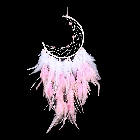 Honeyhandy Iron Woven Web/Net with Feather Pendant Decorations, with Plastic Beads, Covered with Leather Cord, Moon, Pink, 560mm