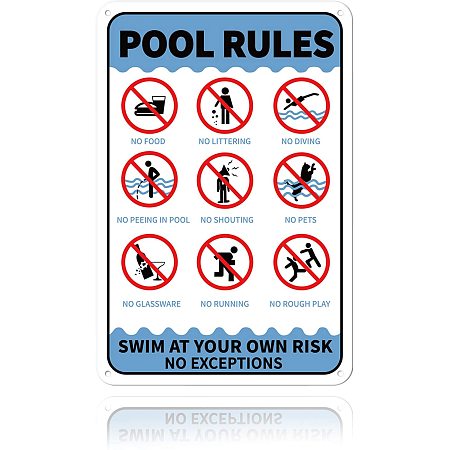 GLOBLELAND Pool Rules Swim at Your Own Risk No Exceptions Sign 8x12 inches 35 Mil Aluminum Warning Sign, UV Protected and Waterproof