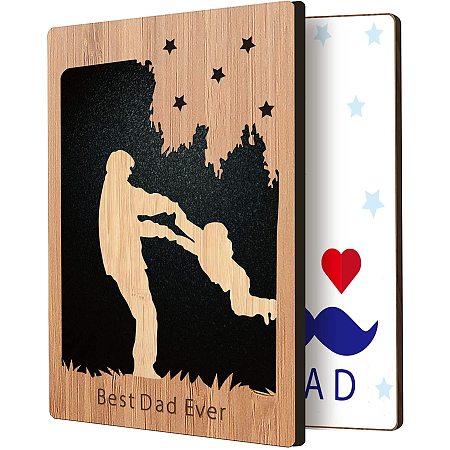 FINGERINSPIRE Best Dad Ever Greeting Card with Real Bamboo Wood, Hollow Out Father & Kid Silhouette Pattern Handwritten Card with Envelope for Dad Birthday Father's Day