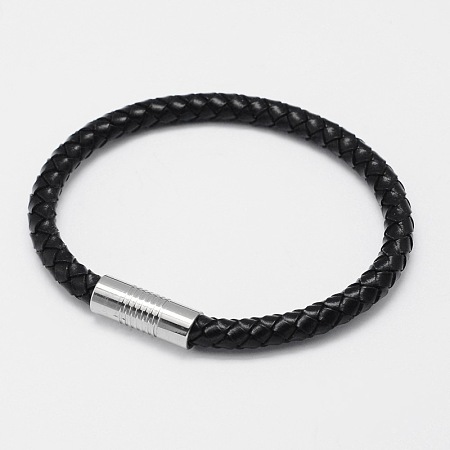 Honeyhandy Braided Leather Cord Bracelets, with 304 Stainless Steel Magnetic Clasps, Black, 200x6mm