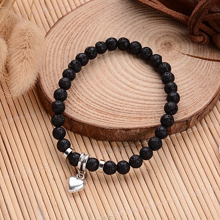 Honeyhandy Natural Lava Rock Beaded Stretch Charm Bracelets, with Tibetan Style Antique Silver Alloy Charms, 58mm