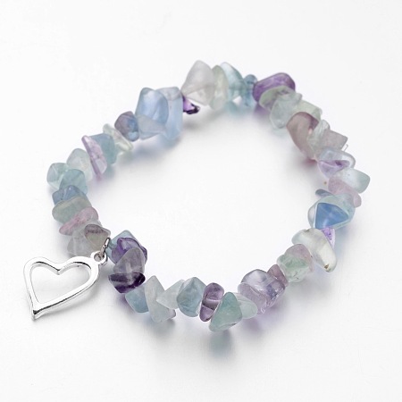 Honeyhandy Alloy Charm Bracelets, Heart, with Natural Fluorite Chip Beads and Elastic Crystal Thread, Silver, 2-1/4 inch(55mm)