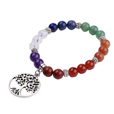 ARRICRAFT 10 Strands Natural Stone Beads Stretch Bracelets, with Tibetan Style Alloy Pendants Flat Round with Tree of Life, 2