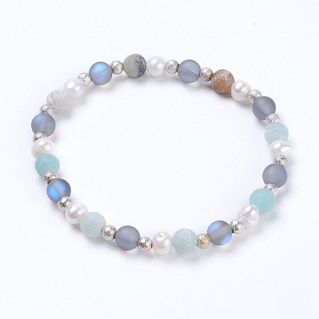 Honeyhandy Stretch Bracelets, with Natural Flower Amazonite and Synthetic Moonstone Beads, Grade A Pearl Beads and Brass Textured Beads, 2-1/4 inch(5.6~5.8cm)