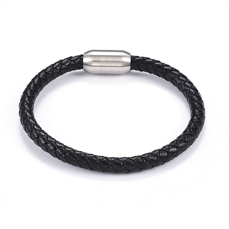 Honeyhandy Man's Braided Leather Cord Bracelets, with 304 Stainless Steel Magnetic Clasps, Black, 8-1/4 inch(21cm), 6mm