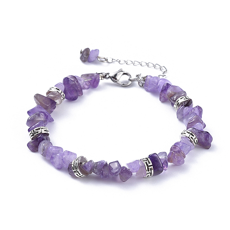 Honeyhandy Natural Amethyst Chip Bracelets, with Flat Round Tibetan Style Alloy Spacers Beads and Stainless Steel Findings, 7-1/4 inch~7-3/8 inch(18.4~18.8cm)