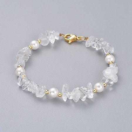 Honeyhandy Natural Quartz Crystal Chip Beaded Bracelets, with Shell Pearl Round Beads, Brass Beads and 304 Stainless Steel Lobster Claw Clasps, 7-1/4 inch(18.5cm)
