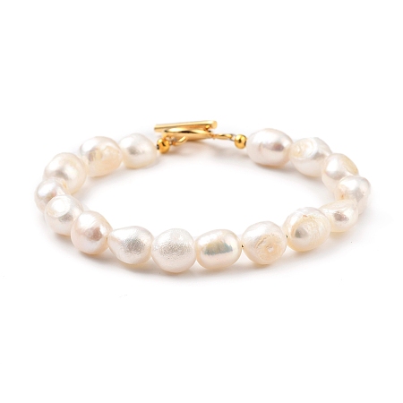 Honeyhandy Natural Baroque Pearl Keshi Pearl Beaded Bracelets, with Golden Plated 304 Stainless Steel Toggle Clasps, Seashell Color, 7-1/2 inch~7-5/8 inch(19~19.5cm)