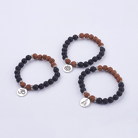 Honeyhandy Yoga Chakra Jewelry, Lava Rock Bodhi Wood Beads and Stretch Charm Bracelets, with Tibetan Style Alloy Findings, 50mm, about 22pcs/strand
