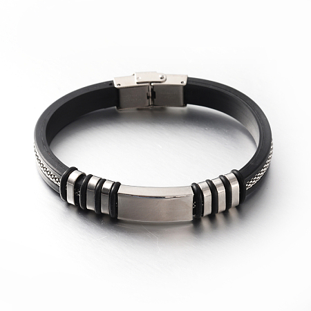 Honeyhandy Leather Bracelets, with 304 Stainless Steel Findings and Clasps, Stainless Steel Color, Black, 210x9mm