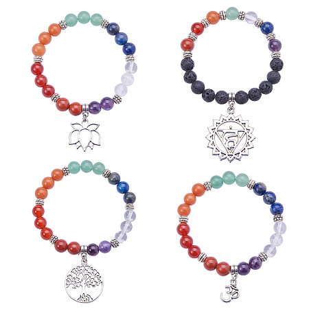 SUNNYCLUE Tibetan Style Natural Gemstone Beads Stretch Bracelets Silver Spacer Beads and Velvet Pouches