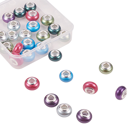 Arricraft Resin European Beads, Large Hole Beads, with Silver Color Plated Brass Cores, Rondelle, Mixed Color, 14~14.5x8.5~9mm, Hole: 5mm