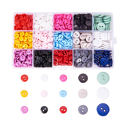 PandaHall Elite 1 Box Assorted Sizes 2 Hole Flat Round Resin Sewing Buttons Sets Mixed Color with Plastic Storage Box for Sewing DIY Crafts