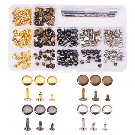 PandaHall Elite 120 Set Flat Round Rivets Single Cap Rivet Tubular Iron Studs Snap Buttons 3 Sizes with Fixing Tool Kit for Leather Craft Repairs Decoration Mixed Color