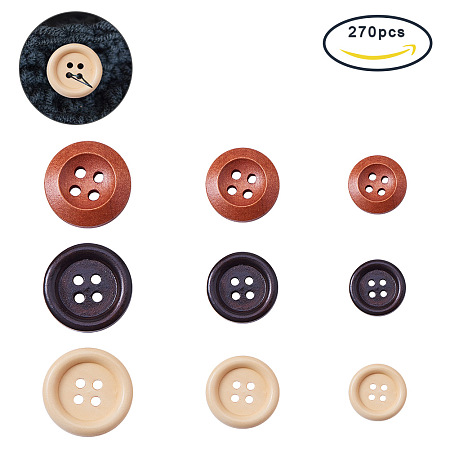 PandaHall Elite 270 Pcs Flat Round Wooden Buttons with 4 Hole for Sewing DIY Craft Scrapbooking Clothing 3 Colors