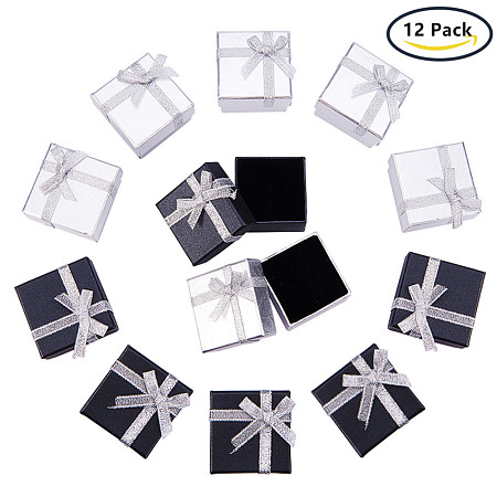 BENECREAT 12 Pack Ring Gift Box with Foam and Velvet Insert Small Hard Gift Box for Ring Earring Jewelry, Silver & Black - 2 x 2 x 1.2 Inches
