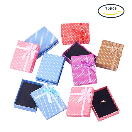 PandaHall Elite 15 Pcs Cardboard Jewelry Gifts Boxes with Sponge Pad and Ribbon Bowknot 9x7x2.6cm for Jewelry, Rings, Necklaces, Bracelet, Earrings, Watch Packaging Box Mixed Color