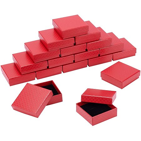 BENECREAT 18 Pack Diamond Pattern Cardboard Jewelry Boxes 3x3x1 Inch Square Ring Earring Necklace Gift Boxes with Sponge Insert for Anniversaries, Weddings, Birthdays, Red