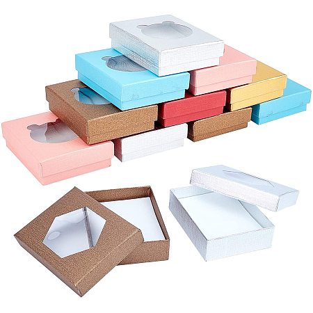 NBEADS 12 Pcs Cardboard Jewelry Boxes with Window, Gift Box Paper Box Cardboard Box with Rhombus Shape Window and Padding for Weddings Birthdays Jewelry Packing, 3.62
