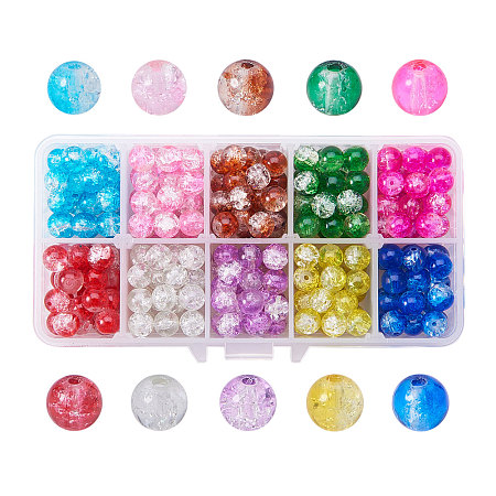PandaHall Elite 10 Color 8mm Handcrafted Crackle Lampwork Glass Round Beads Assortment Lot for Jewelry Making, about 300pcs/box