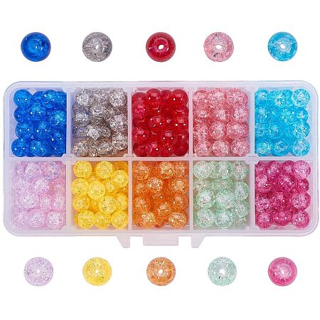 Arricraft 10 Color Crackle Glass Beads for Jewelry Making, 350pcs 8mm Transparent Handcrafted Lampwork Glass Round Beads Assortment