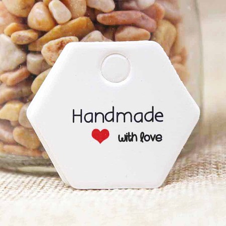 Honeyhandy Jewelry Display Kraft Paper Price Tags, Hexagon with Word Handmade with Love, White, 30x35x0.4mm, Hole: 4mm