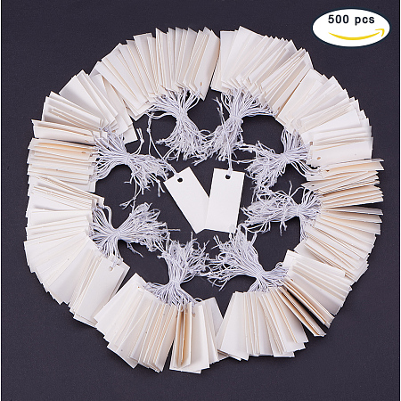 PandaHall Elite 500 Pcs Rectangle White Paper Tags Marking Strung Tags Writable Tags Display Label Price Tags With Hanging String Price 35x18mm for Jewelry Gift Sale Display