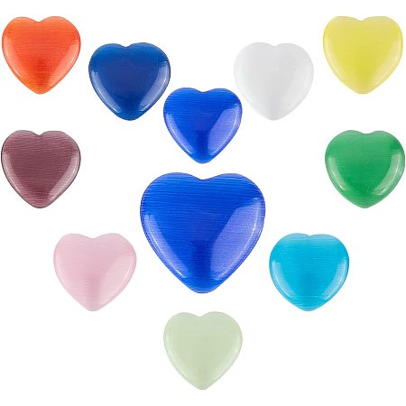 SUNNYCLUE 1 Box 10 Colors Cat Eye Cabochons Glass Heart Shape Cabochon Colorful Dome Tile Beads Flat Back Heart Cabochon for Valentines Day, Wedding Heart Table Scatter Decoration