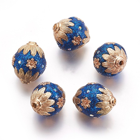 Handmade Indonesia Beads, with Polymer Clay, Rhinestone and Metal Findings, Oval with Flower, Golden, Prussian Blue, 20~22x18~19mm, Hole: 2mm