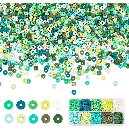 Pandahall Elite 3800pcs Vinyl Disc Beads 10 Colors Heishi Clay Beads 4mm Polymer Clay Beads Flat Disc Clay Beads for Hawaiian Jewelry Making Friendship Bracelet Earring Necklace Choker, Green Series