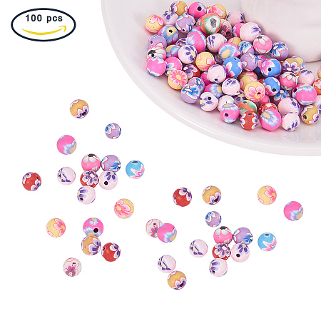 PandaHall Elite 100pcs 6mm Mixed Color Polymer Clay Flower Pattern Round Ball Beads for DIY Necklace Bracelet Jewelry Making