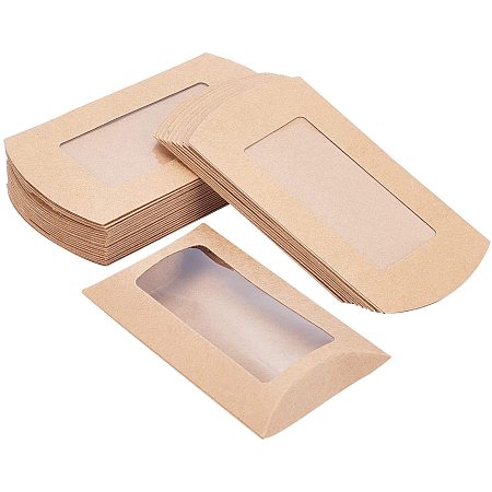BENECREAT 30pcs 5x3x1.5 Inches Brown Kraft Paper Pillow Boxes with Clear Window, Candy Packaging Box Treat Box for Birthday Wedding Party