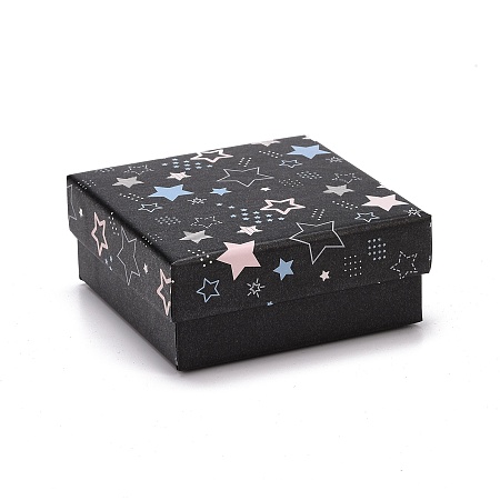 Honeyhandy Cardboard Jewelry Boxes, with Black Sponge Mat, for Jewelry Gift Packaging, Square with Star Pattern, Black, 7.25x7.25x3.15cm