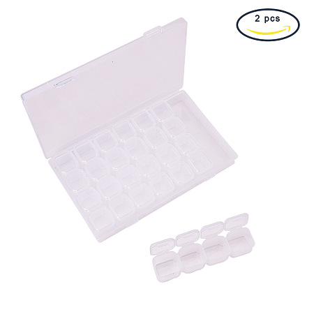 PandaHall Elite 2 Pack Clear Rectangle Plastic Box Container Case Removable Bead Storage Organizer with 28 Small Grids 175x108x26mm
