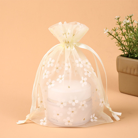 Honeyhandy Rectangle Organza Drawstring Bags, Embroidery Flower Pattern, Cornsilk, 14x10cm