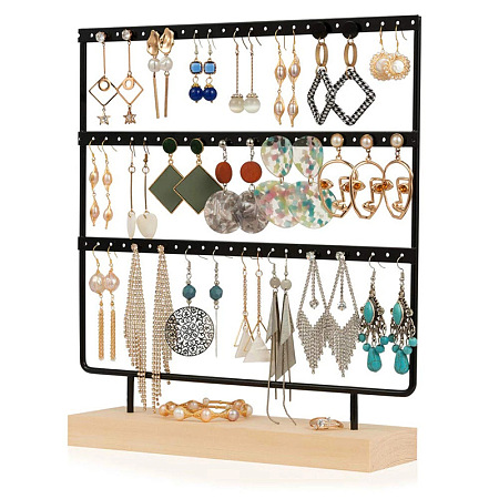 Honeyhandy Triple Levels Rectangle Iron Earring Display Stand, Jewelry Display Rack, with Wood Findings Foundation, Black, 29x6.9x28.5cm