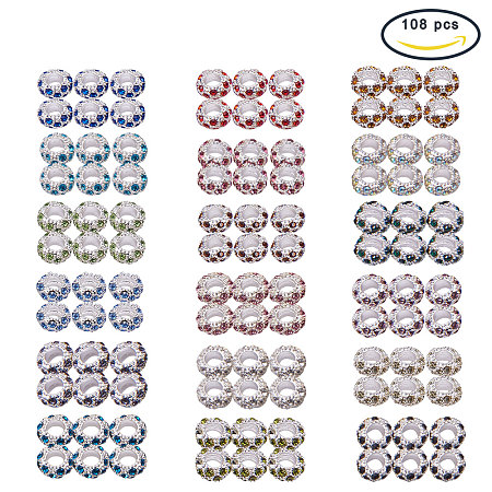PandaHall Elite 108PCS 18 Colors Platinum Rhinestone Large Hole European Beads for Necklace Bracelet Earrings Making, Mixed Color