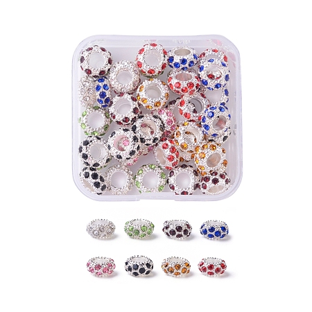 Arricraft Alloy Rhinestone European Beads, Large Hole Beads, Lead Free and Cadmium Free, Rondelle, Silver Color Plated, Mixed Color, 13.5x6.5mm, Hole: 5mm
