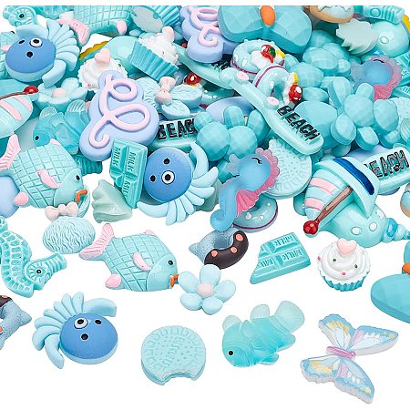 BENECREAT 92PCS Blue Series Flatbacks Resin Slime Beads 23 Styles Cookie Flower Candy Resin Charms with Flatback for DIY Craft Making and Ornament Scrapbooking