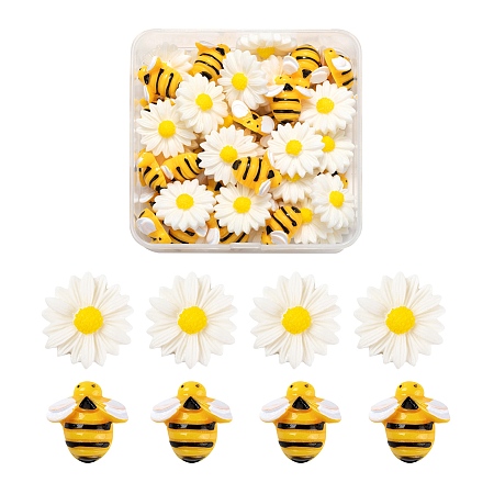 ARRICRAFT 50Pcs 2 Style Resin Cabochons, Bees & Flower/Daisy, Mixed Color, 19~23x19~22x7~9mm, 25pcs/Style