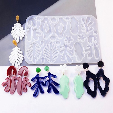 DIY Bohemian Style Irregualr Pendants Silicone Molds, Resin Casting Molds, for UV Resin, Epoxy Resin Jewelry Making, Arch/Leaf/Sea Grass, White, 112x155x4.5mm, Hole: 1mm, Inner Diameter: 9.5~54x9.5~28.5mm