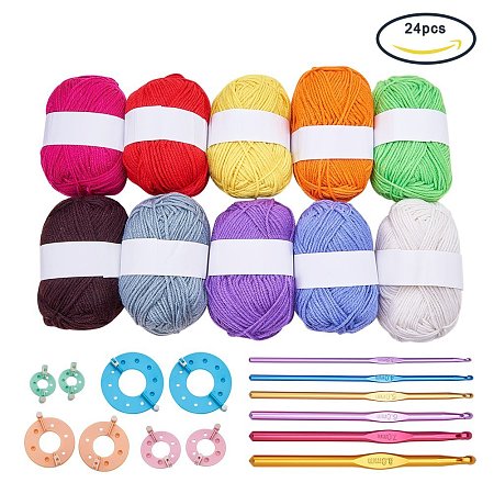 BENECREAT 1000Yards 10 Assorted Colors Acrylic Yarn Bonbons With 4 Sets(8 pcs) Plastic Knitting Loom and 6pcs/Set Crochet Hooks for Knitting Crocheting and Embellishing Crafts
