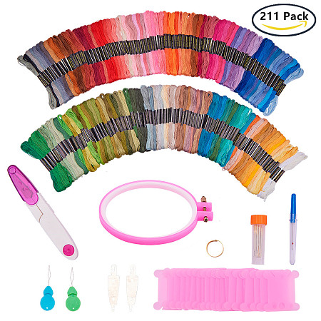 BENECREAT 211 PACK Full Range of Embroidery Starter Kit including 150 Color Threads, 1pcs Plastic Embroidery Hoop, 3pcs 12 by 18-Inch 14 Count Classic Reserve Aida and 57pcs Tool Kit
