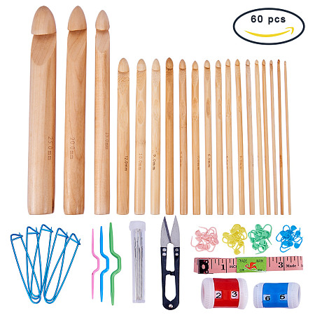 BENECREAT 60PCS Crochet Tools - 19PCS Bamboo Crochet Hooks Set with 41pcs Knitting Accessories, Ideal for Crocheting, Lace, Doilies & Flower Projects