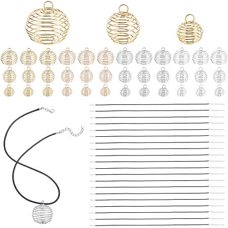 CHGCRAFT 80pcs 3 Sizes Spiral Bead Cage Pendants Stone Holder Necklace Cage Pendants Findings Hollow Charms with 20Pcs Imitation Leather Cord