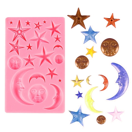 Honeyhandy DIY Sun Face & Moon & Star Shape Food Grade Silicone Molds, Fondant Molds, For DIY Cake Decoration, Chocolate, Candy, UV Resin & Epoxy Resin Jewelry Making, Pink, 183x115x10mm, Inner Diameter: 10~72x6~45mm