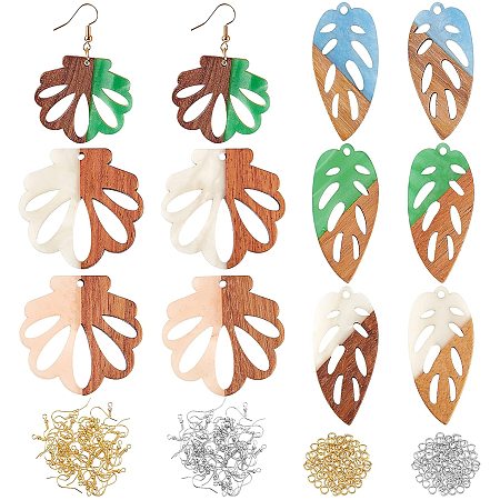 OLYCRAFT 172pcs Resin Wooden Earring Pendants Leaf and Flower Shape Resin Walnut Wood Earring Findings Vintage Resin Wood Statement Earring Findings for Necklace and Earring Making - Mixed Colors