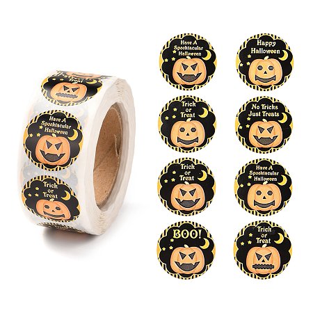 Honeyhandy Halloween Self-Adhesive Paper Gift Tag Stickers, Flat Round with Pumpkin, Black, 2.5cm, about 500pcs/roll