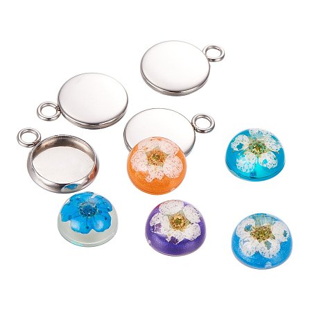 ARRICRAFT 10 Sets DIY Jewelry Pendant Making Sets, with 10mm Resin Dome Dried Flower Cabochons and 304 Stainless Steel Pendant Frame Tray Settings 15.5x12x2mm